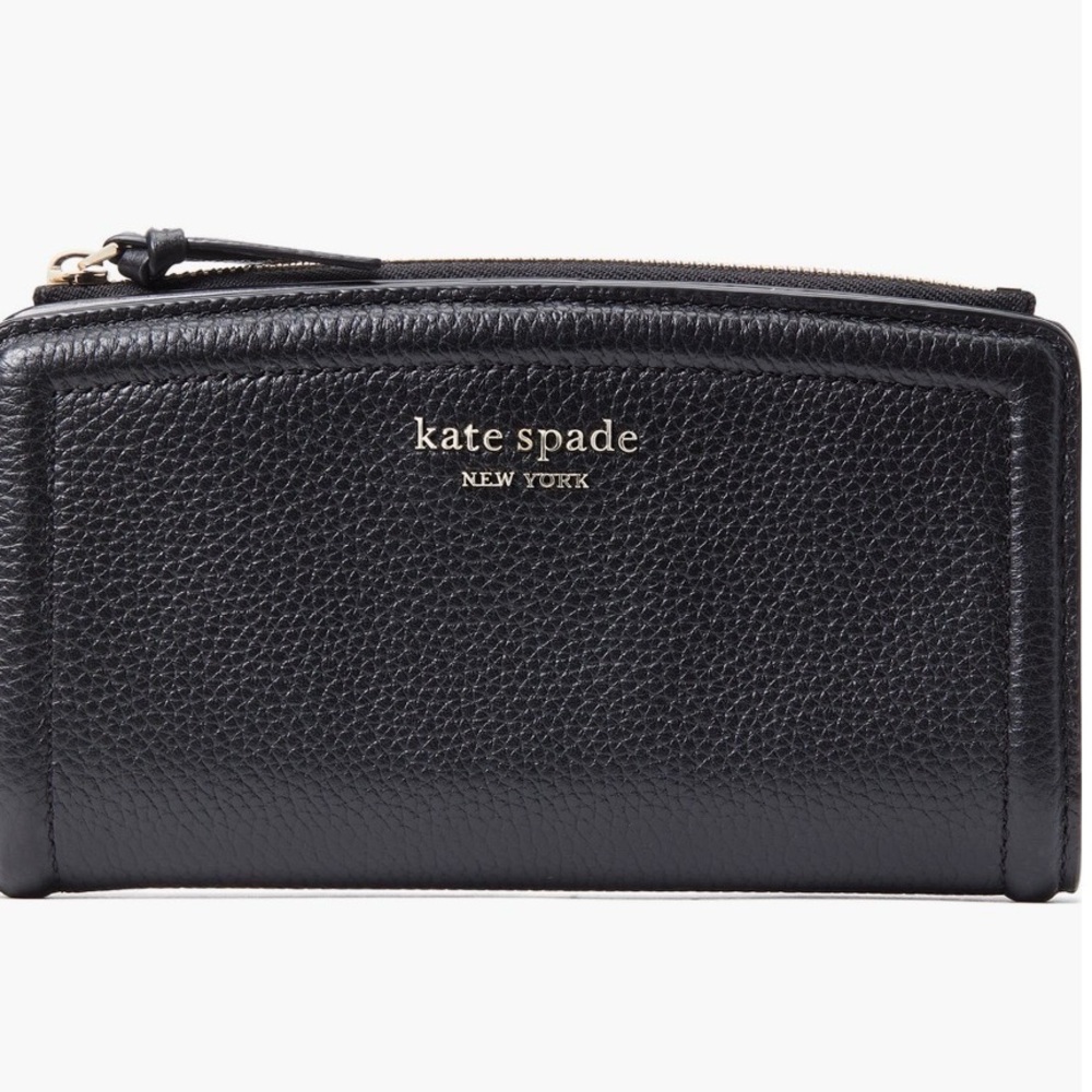 ✅NEW “Kate Spade”  Knott Pebble Black Leather Slim Zip Wallet